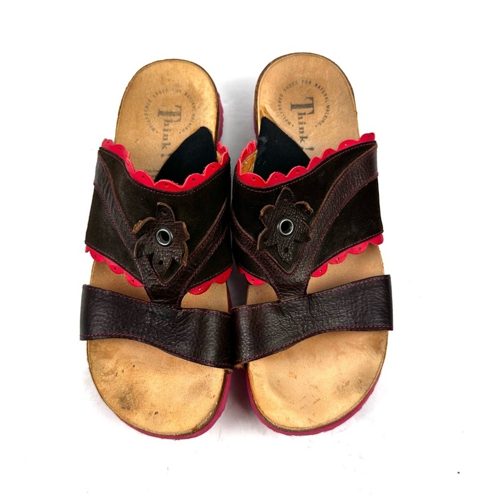 Think Sandals 40 Brown Leather Slip On Shoes Womens‎ Slides US 9 - Picture 5 of 11